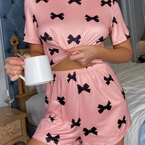 Bow Print Pajamas Set, Short Sleeve Crew Neck Top & Shorts, Women's Sleepwear - Picture 3 of 5